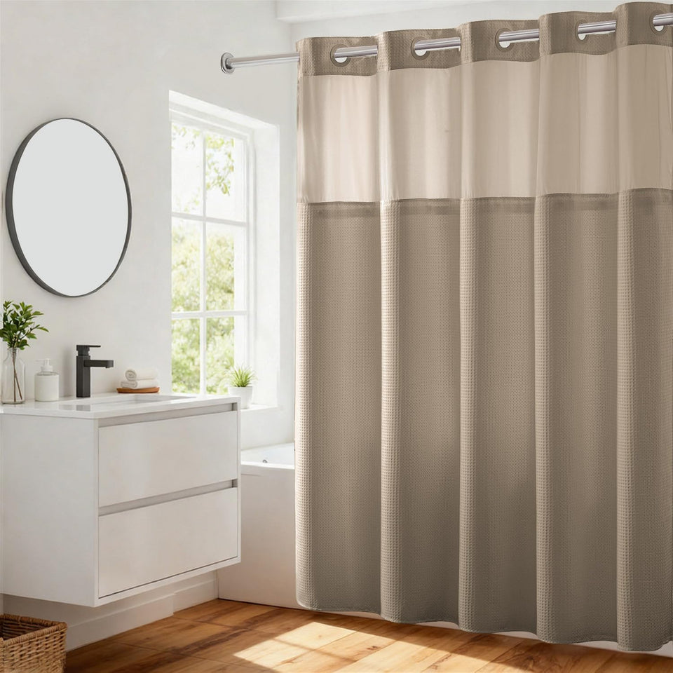 River Dream heavyweight shower curtain with dotted waffle weave for privacy and style.