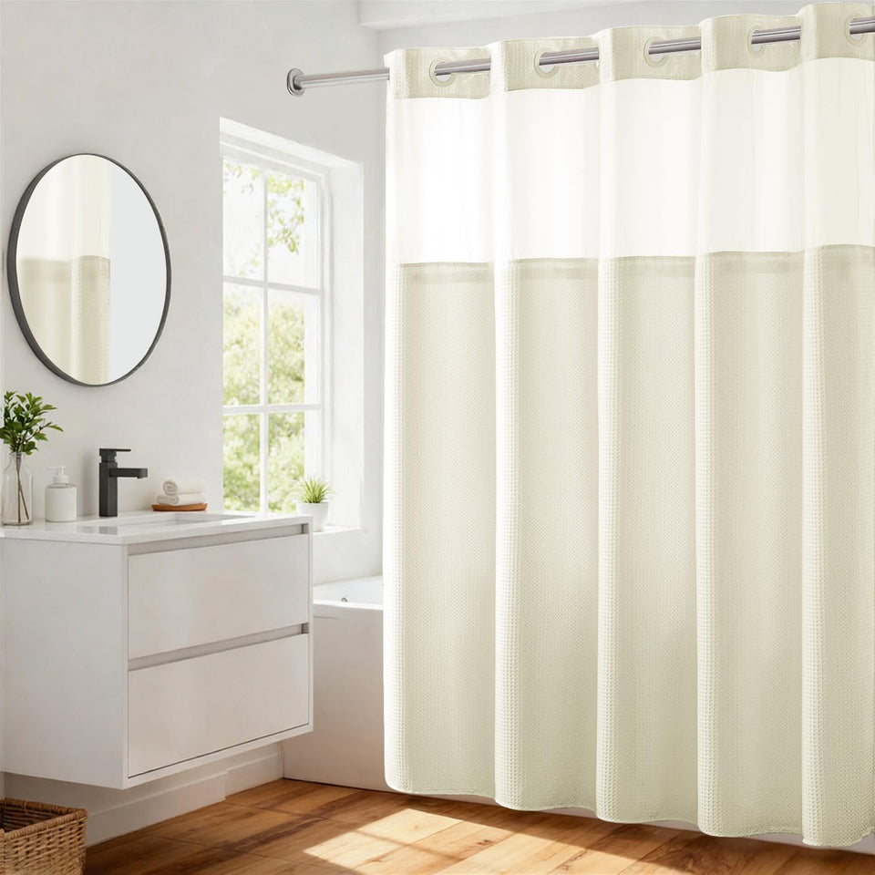 River Dream heavyweight cream shower curtain with dotted waffle weave texture for durability