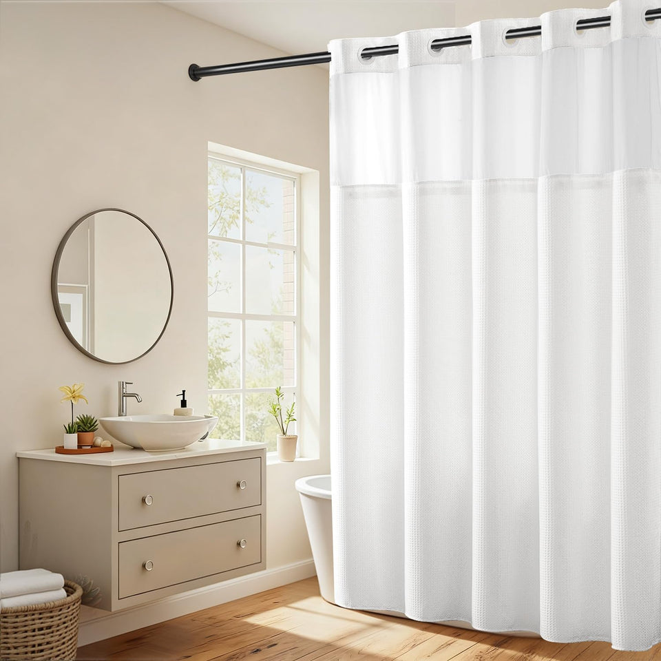 River Dream heavyweight shower curtain with dotted waffle weave for premium privacy.