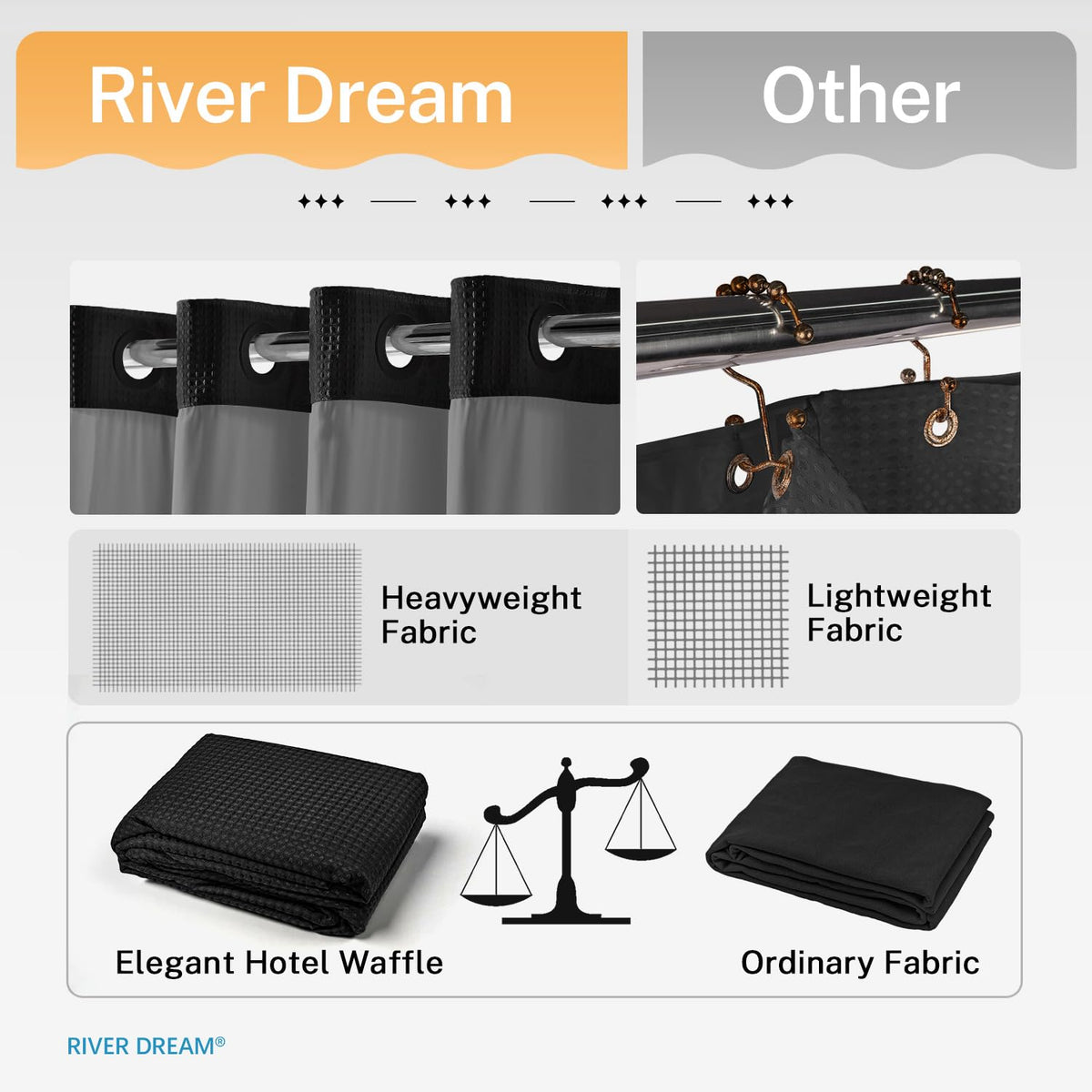 River Dream hotel-grade fabric delivers a premium bathroom look.