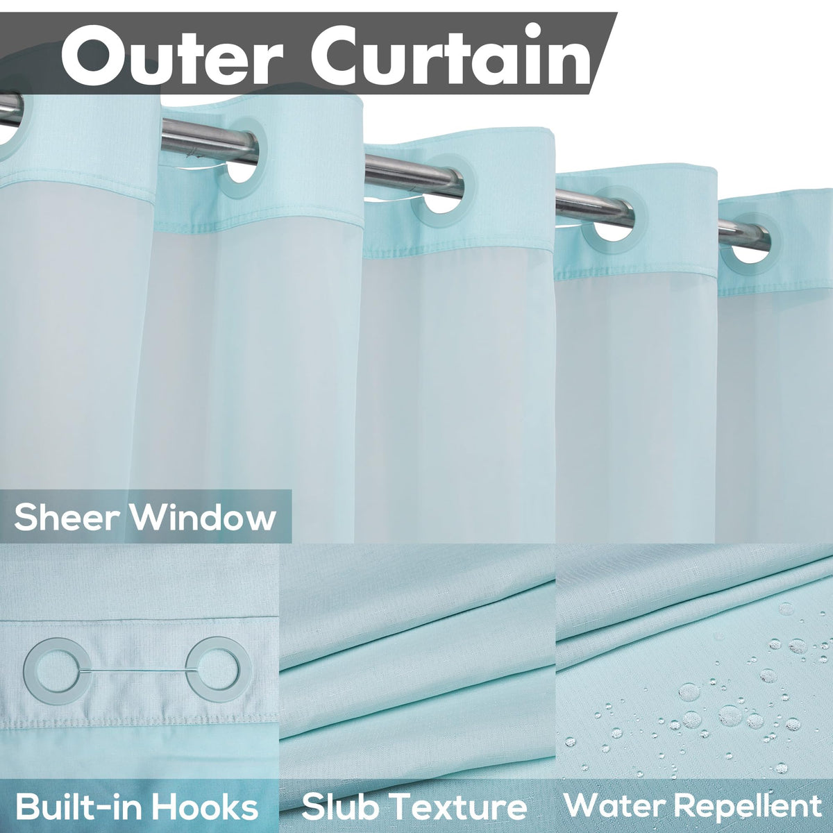 River Dream hotel-style blue fabric curtain highlighting textured surface
