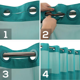 River Dream hotel-style curtain elevates bathroom decor with teal fabric