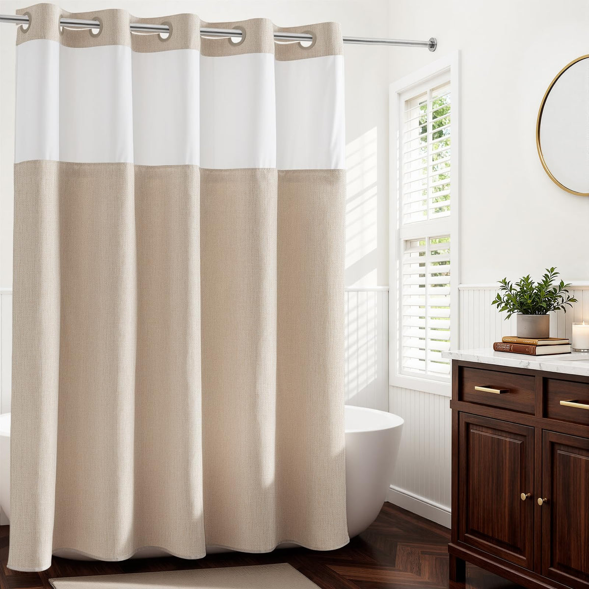 River Dream linen-textured shower curtain showcases natural linen look for farmhouse style.