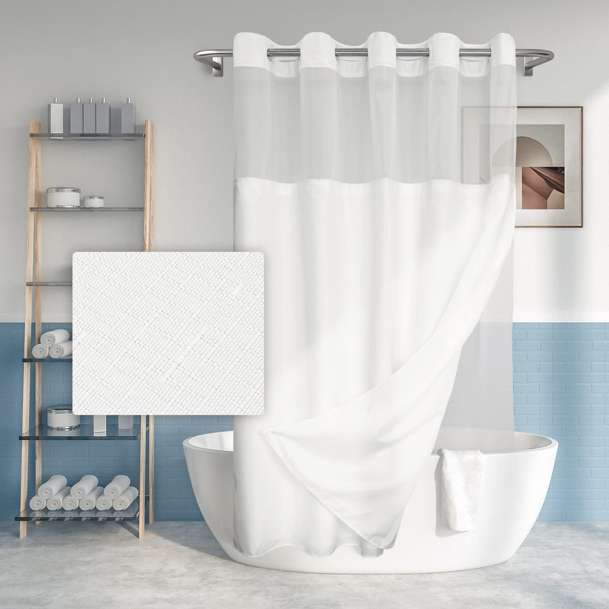River Dream long no-hook shower curtain with slub texture for easy setup