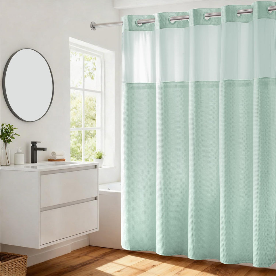 River Dream Misty Blue shower curtain with dotted waffle weave for spa like privacy