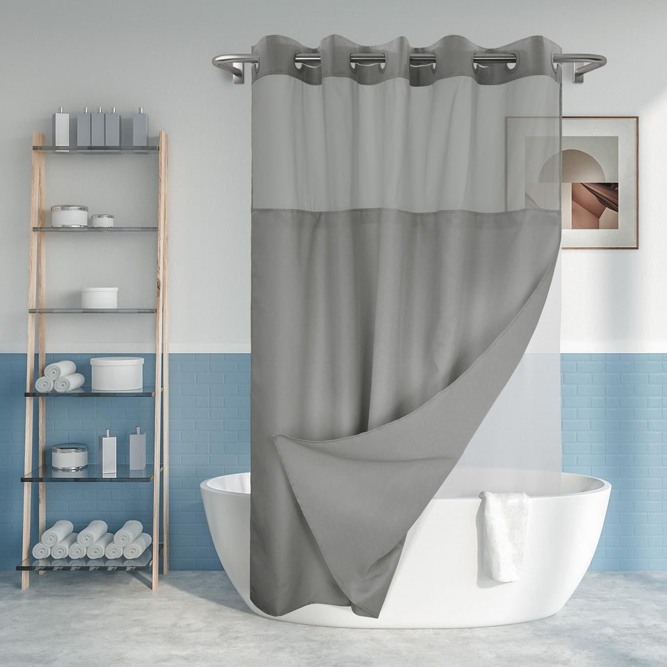 River Dream no-hook shower curtain with built-in rings for quick setup