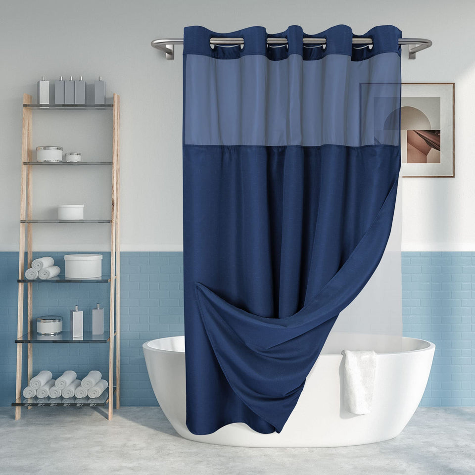 River Dream No Hook shower curtain in navy slub texture adds style and privacy.
