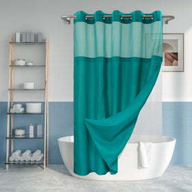 River Dream slub textured curtain in teal adds privacy and spa-like ambiance