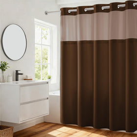 River Dream no-hooks dotted brown shower curtain front view showing easy install