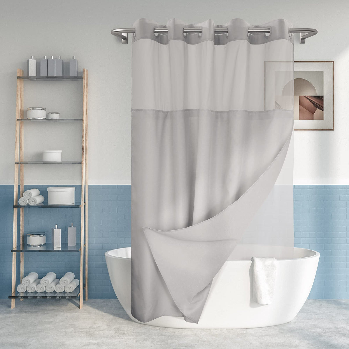 River Dream shower curtain with snap-in liner for quick changes