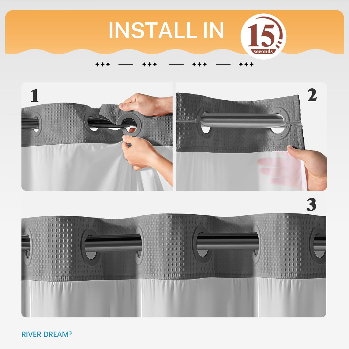 River Dream split rings enable easy hanging without hooks for quick bathroom updates