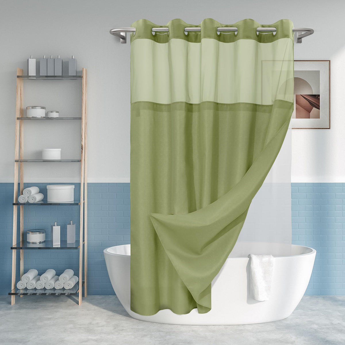 River Dream slub textured curtain in sage adds hotel-like style and privacy.