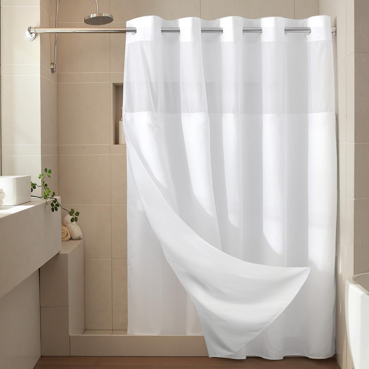 River Dream white shower curtain adds a spa-like, hotel-inspired bathroom look.