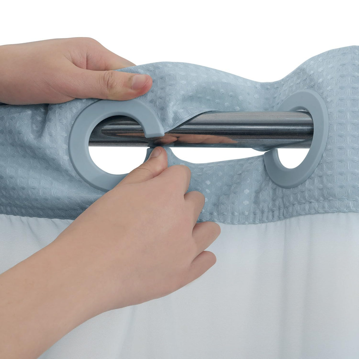 River Dream split rings hanging system enables easy hanging without hooks for quick bathroom updates.