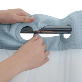 River Dream split rings hanging system enables easy hanging without hooks for quick bathroom updates.