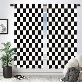 Riyidecor checkered curtains with black and white abstract race car flag design for bold room style.