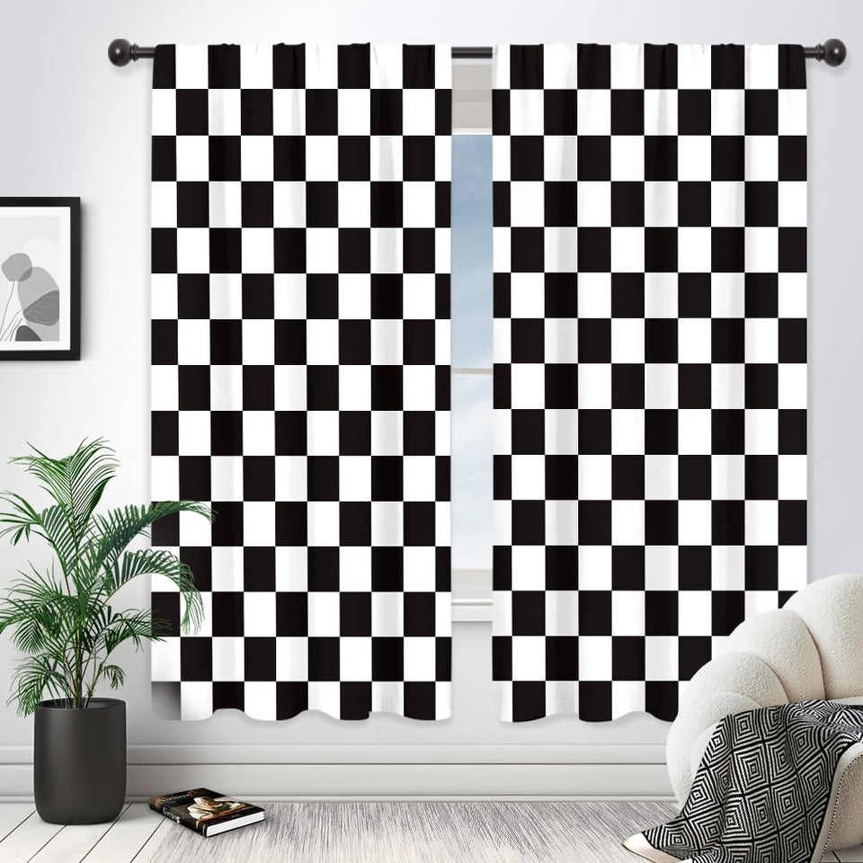 Riyidecor checkered curtains with black and white abstract race car flag design for bold room style.