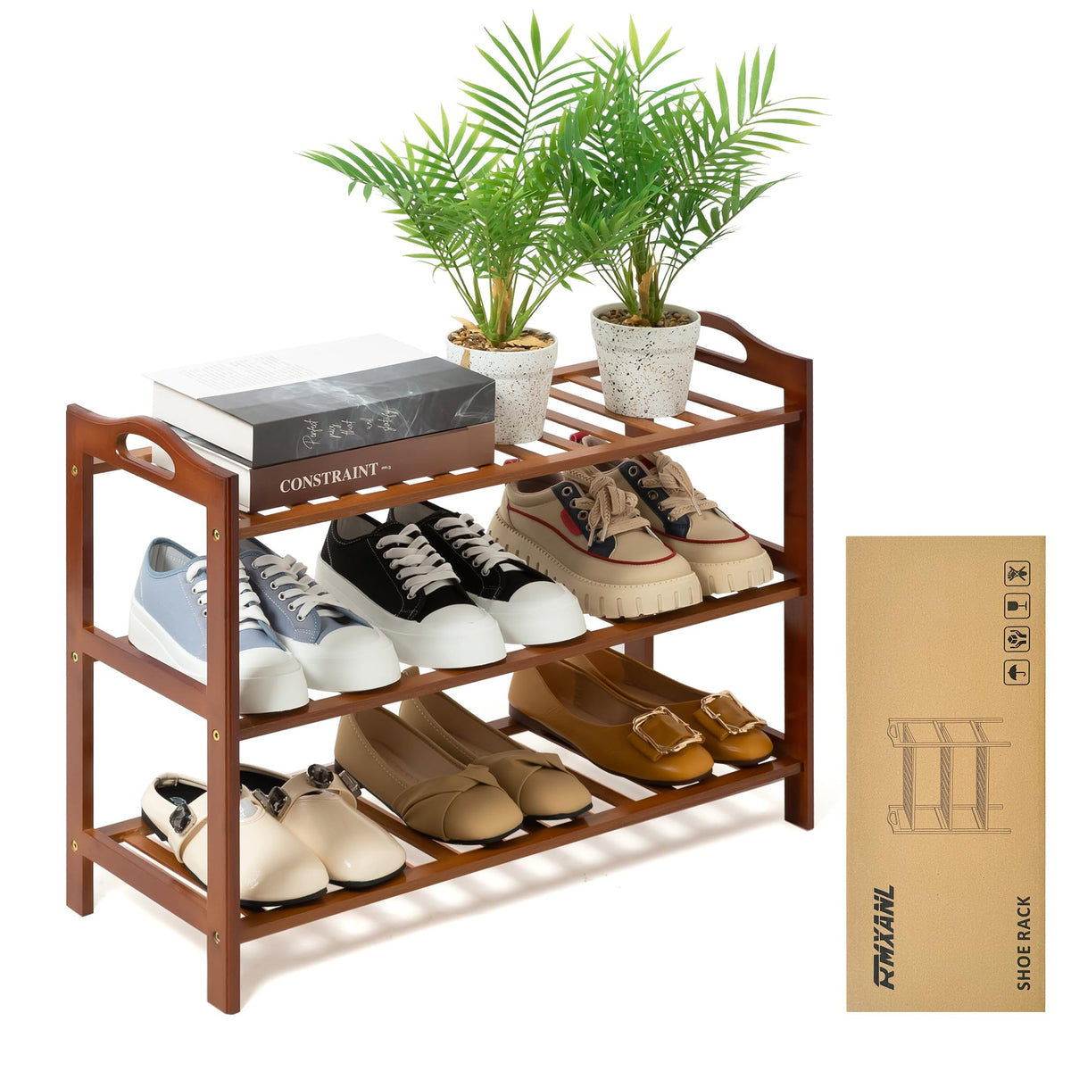 RMXANL 3-Tier Bamboo Shoe Rack front view shows organized entryway and easy access