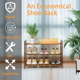 RMXANL 3-Tier Bamboo Shoe Rack shelf detail highlights durable eco-friendly bamboo construction