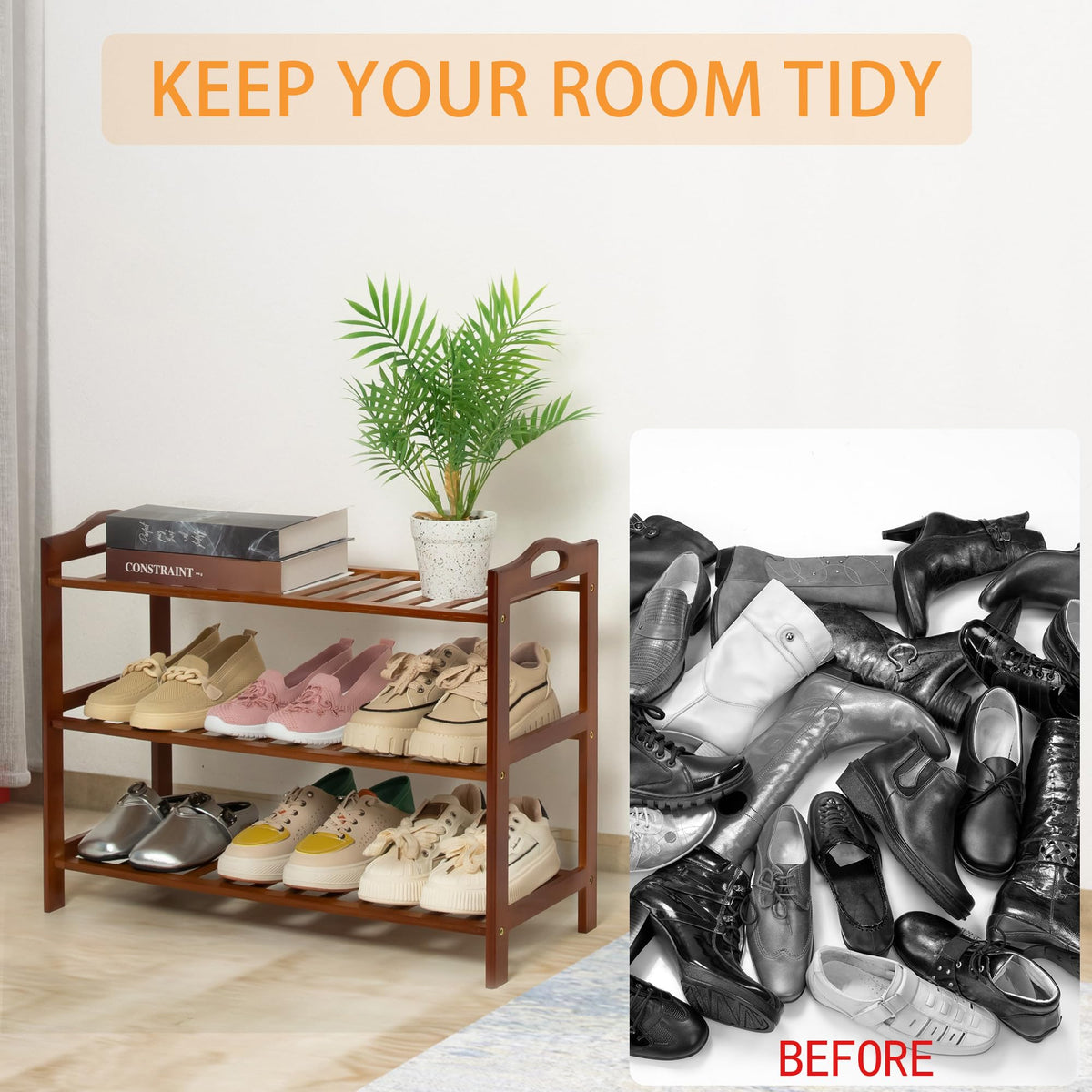 RMXANL 3-Tier Bamboo Shoe Rack side view demonstrates compact footprint for small spaces