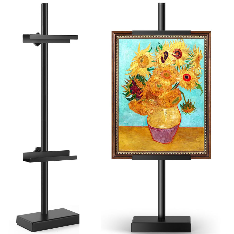 Rofio adjustable tabletop easel stand front view displaying artwork clearly and securely.