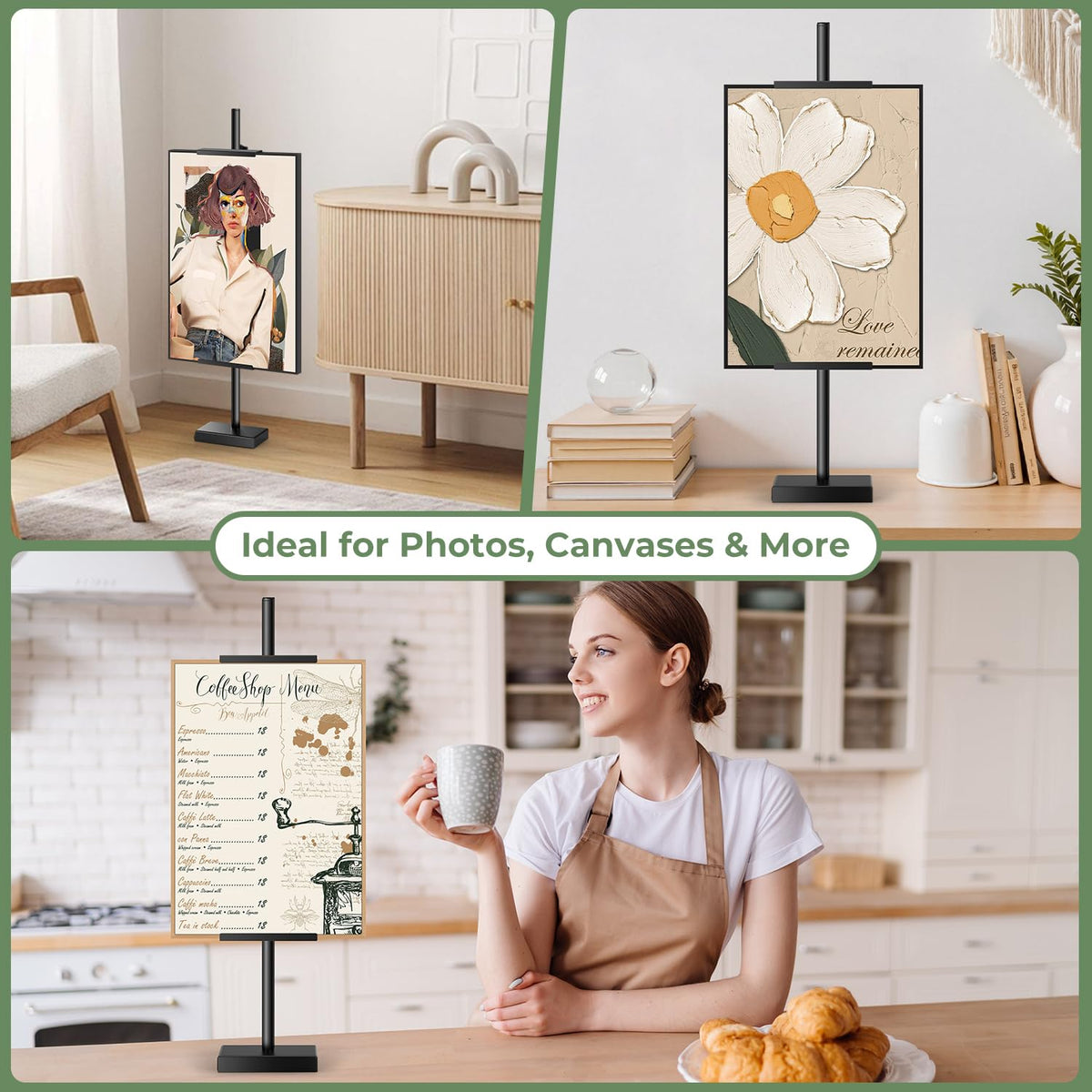 Rofio black easel stand offers simple, space-saving desktop display solution.