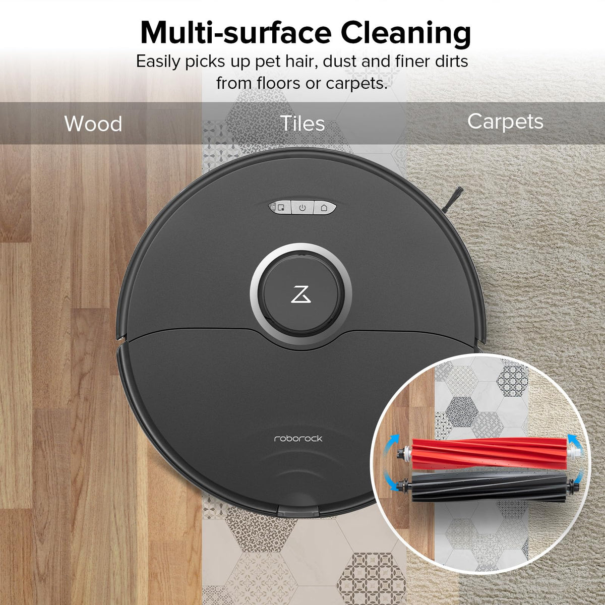 roborock dual roller brushes improve pickup from hardwood to carpet