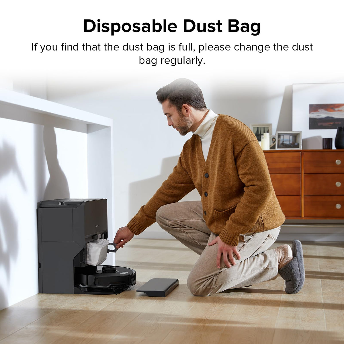 Roborock Qrevo Slim dust bag supports mess-free emptying and maintenance.