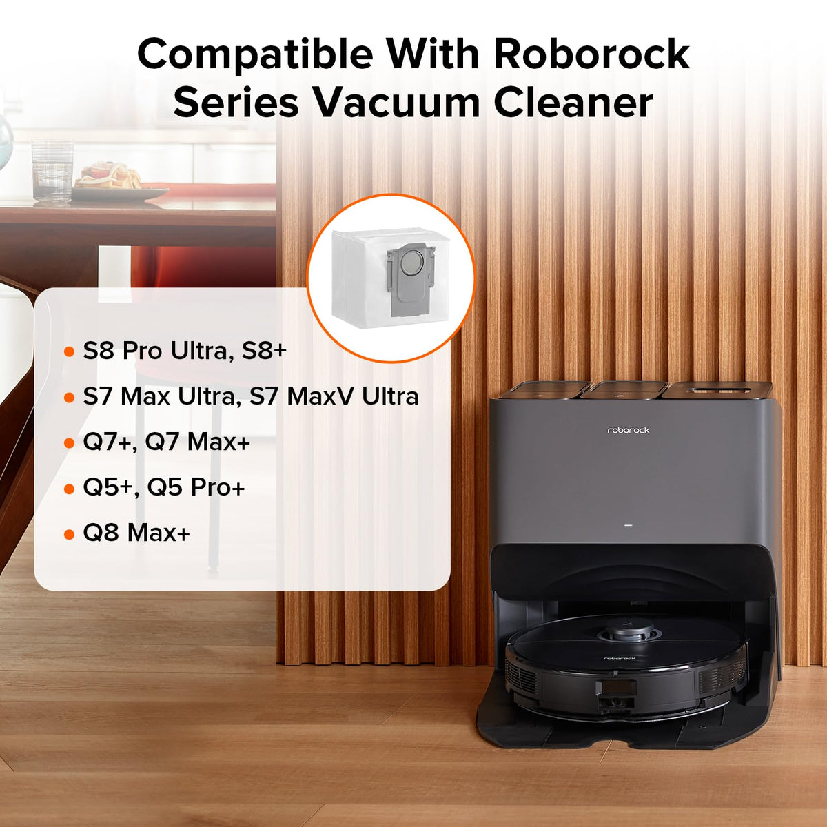 Roborock 2.5L capacity dust bags for extended cleaning sessions.