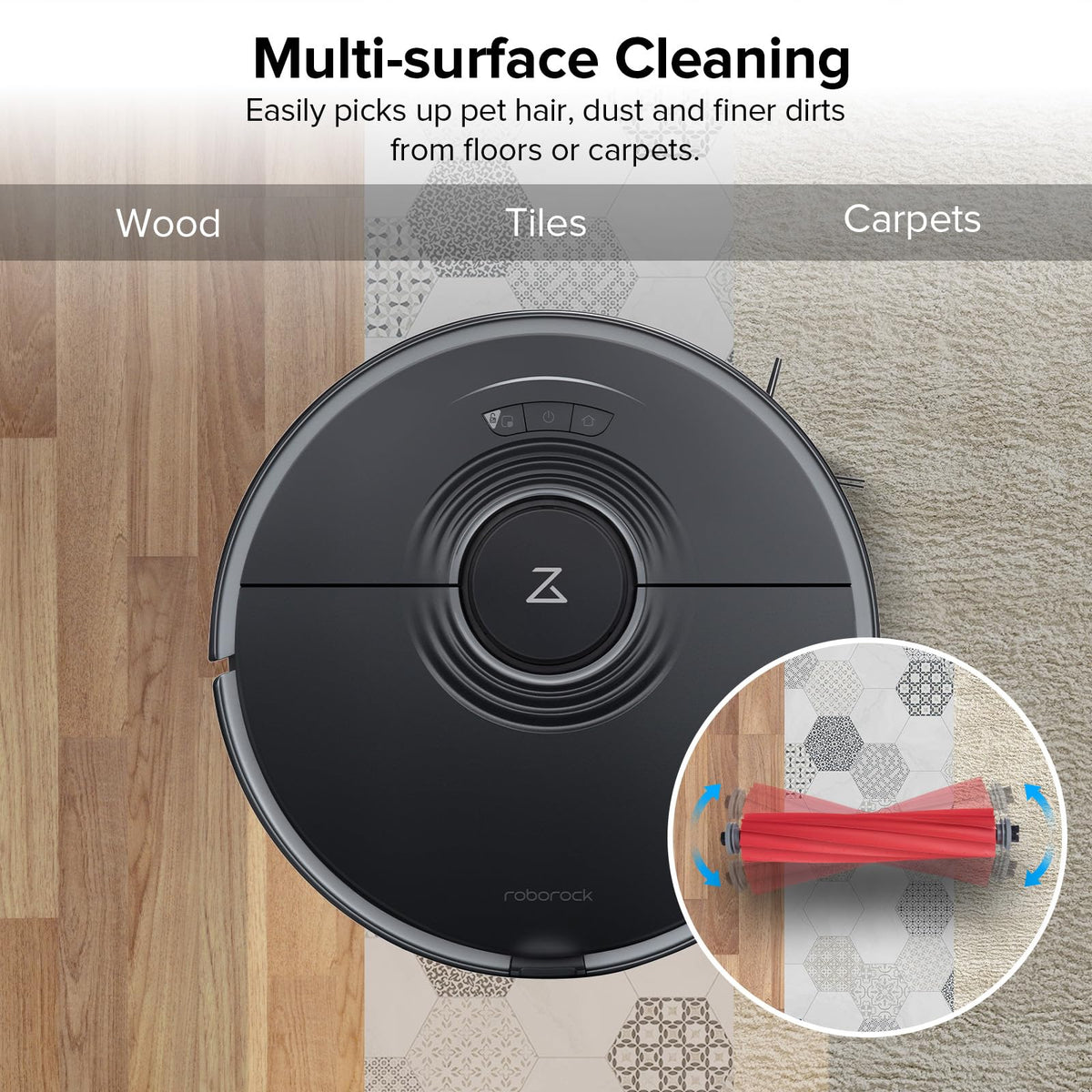 Floating rubber brush adapts to hard floors and lifts on carpets for deep cleaning.