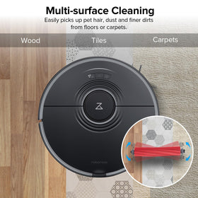 Floating rubber brush adapts to hard floors and lifts on carpets for deep cleaning.