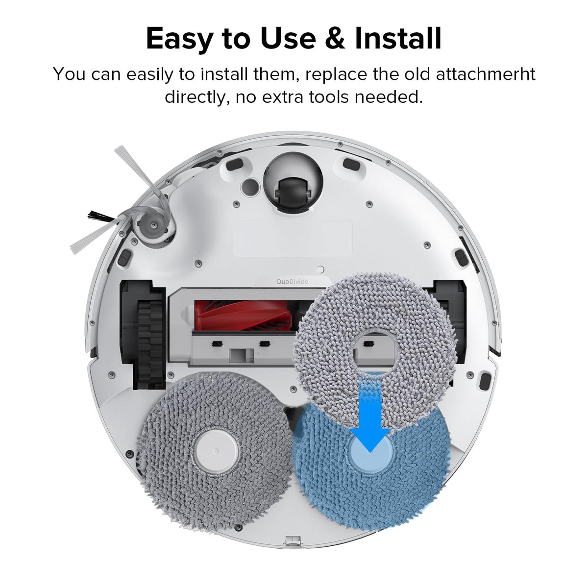 Mop pads installed on Roborock with quick tool-free swap