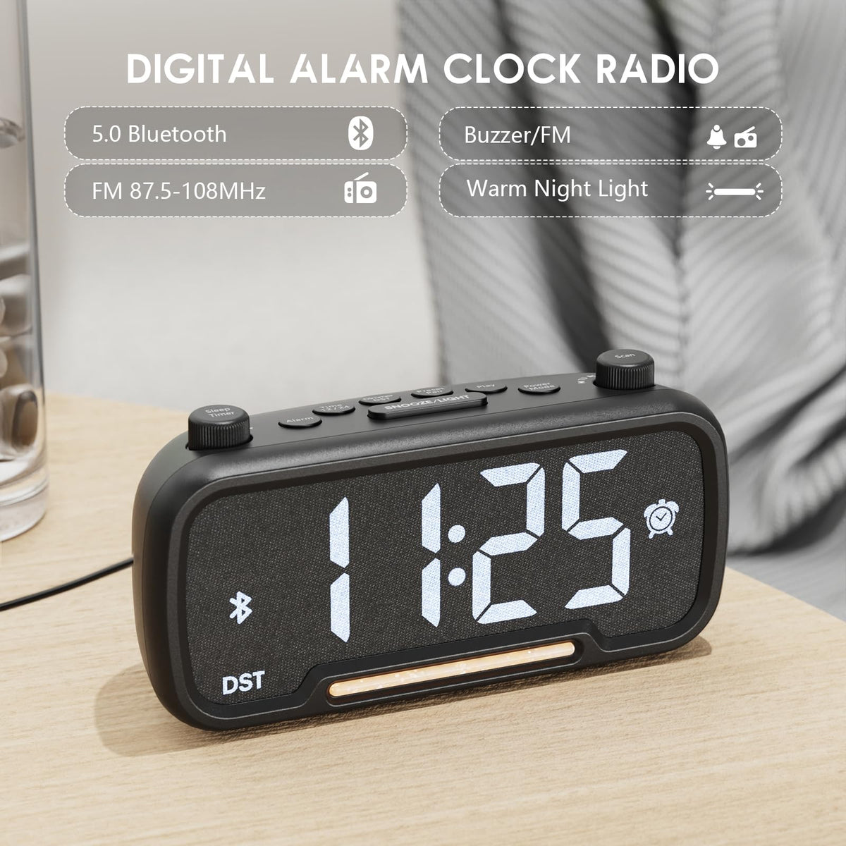 ROCAM alarm clock bright digital display aids quick time reading at night