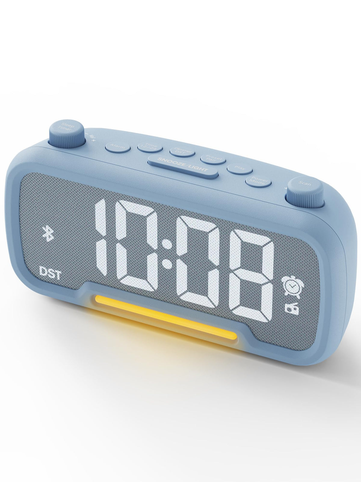ROCAM alarm clock with Bluetooth speaker on a nightstand for easy wake-up music.