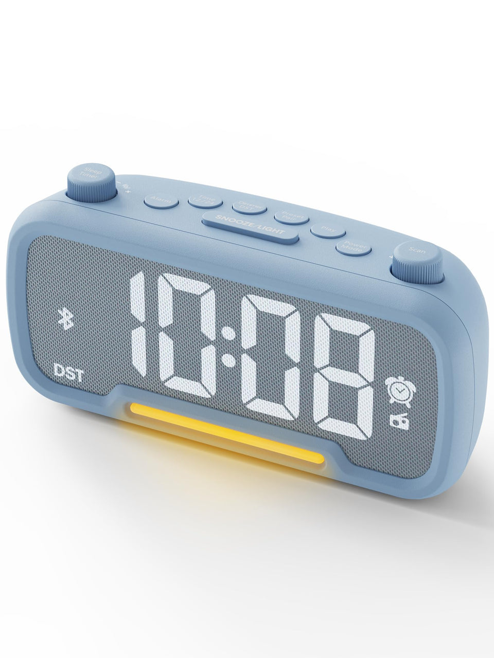 ROCAM alarm clock with Bluetooth speaker on a nightstand for easy wake-up music.