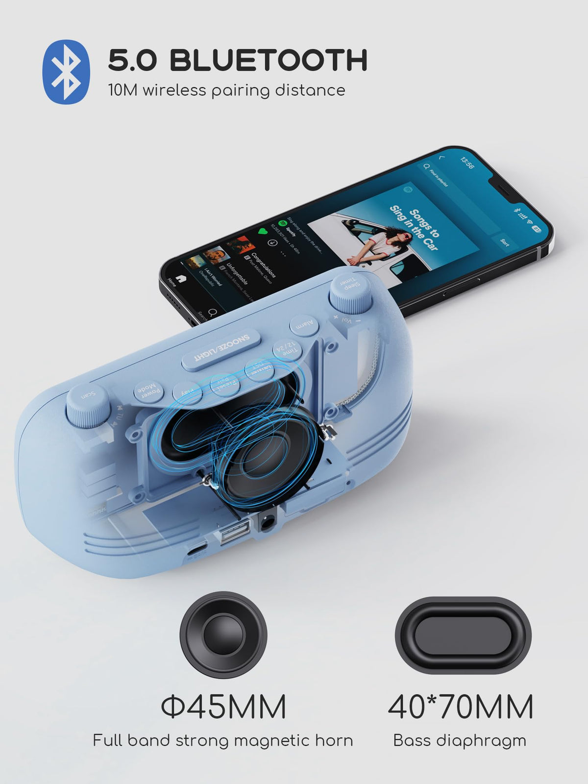 ROCAM alarm clock Bluetooth pairing with phone for streaming playlists.
