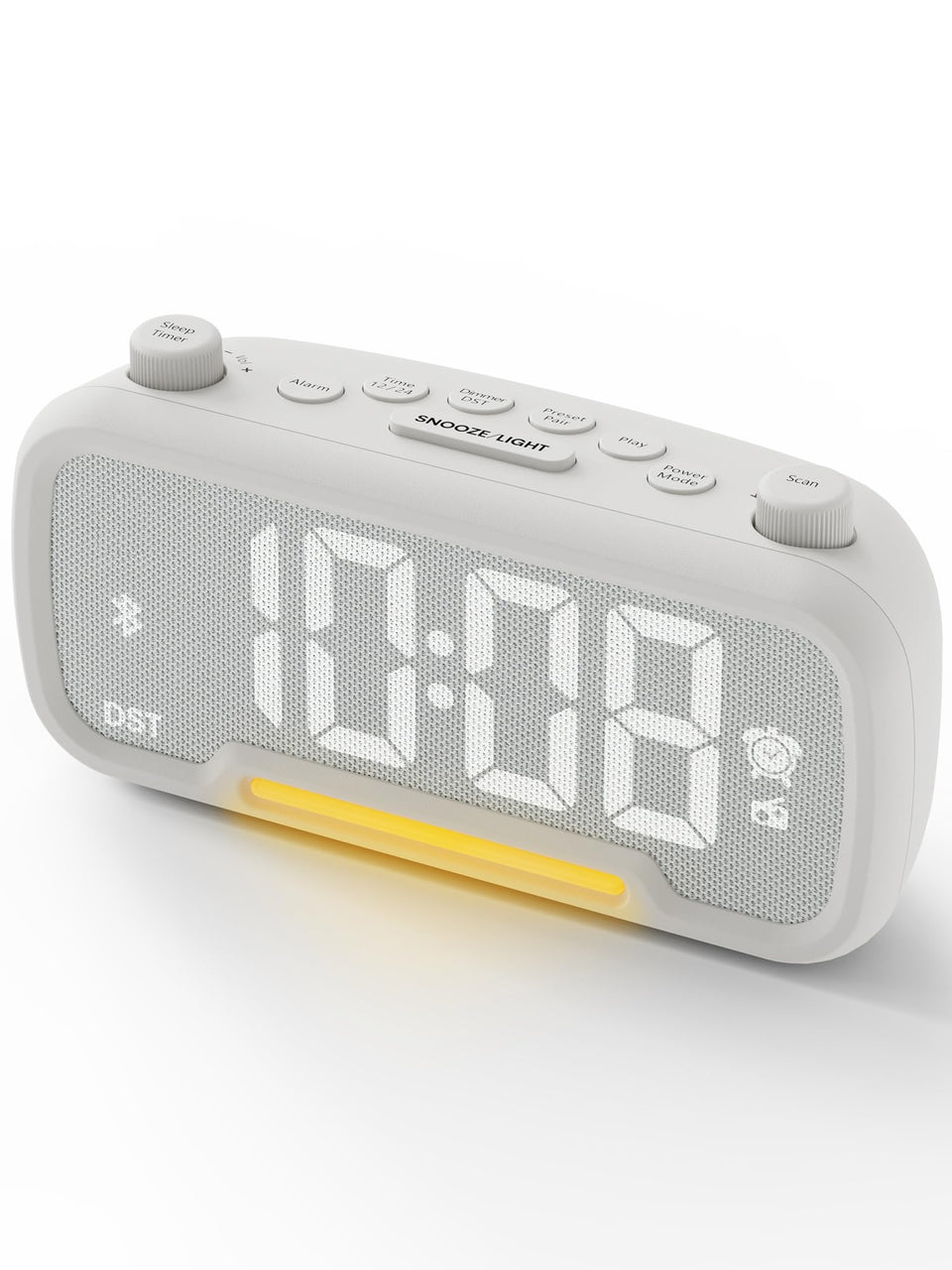 ROCAM clock radio front design adds modern style to bedrooms.