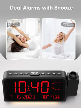 ROCAM dual alarms with weekday and weekend modes for flexible mornings.