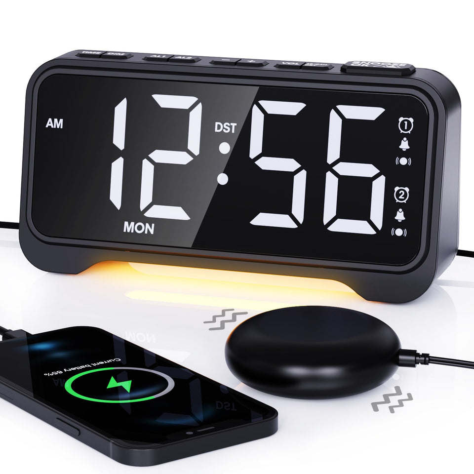 ROCAM loud alarm clock display with 7.5-inch screen, easy to read day and night