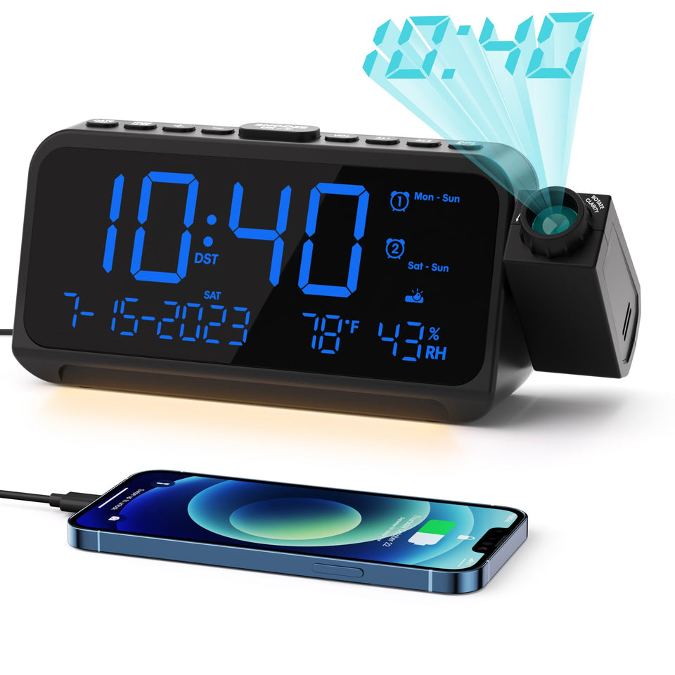 Rocam Projection Alarm Clock bedroom display shows time, date, and environment at a glance.