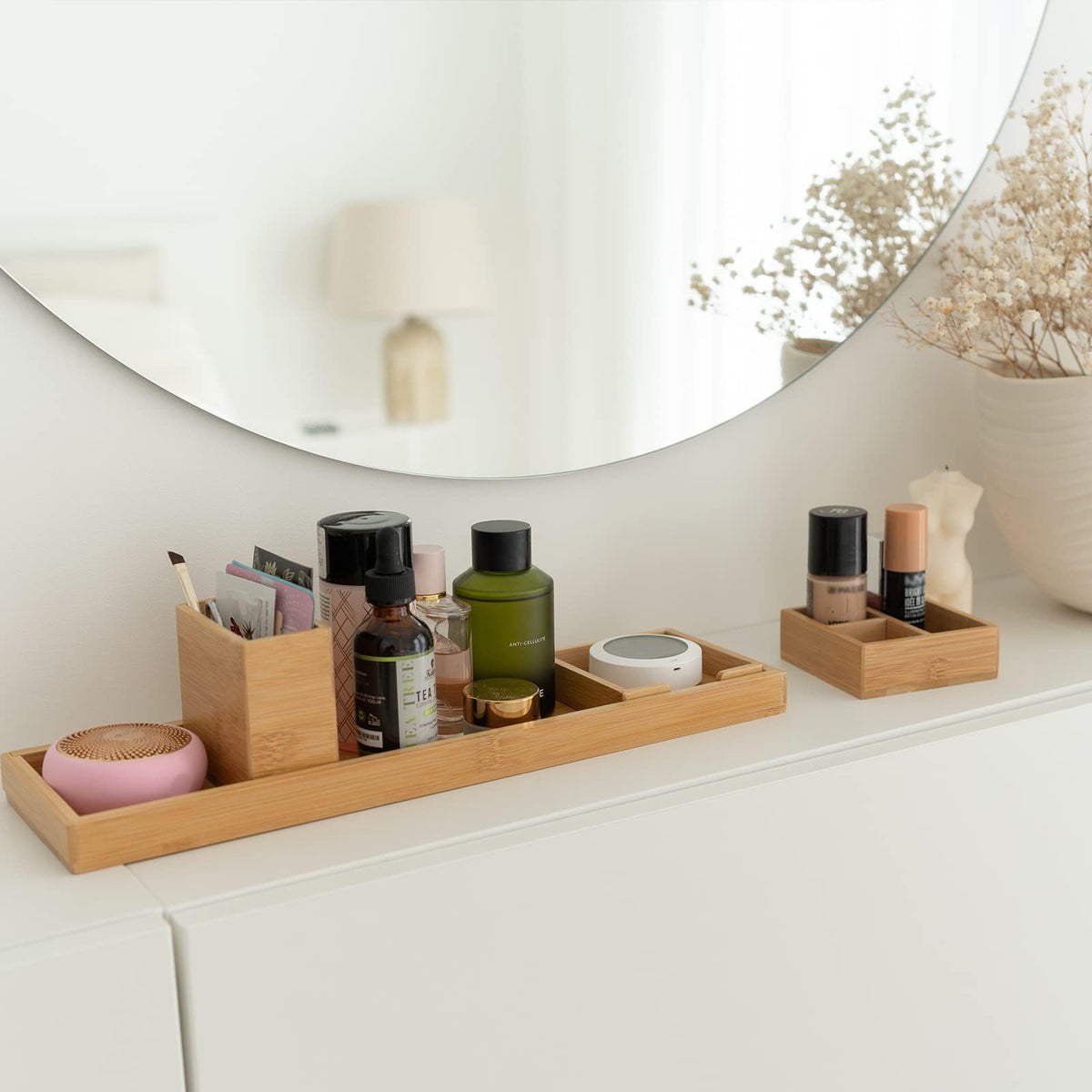 ROCDEER bamboo vanity tray tall organizer for brushes and bottles.