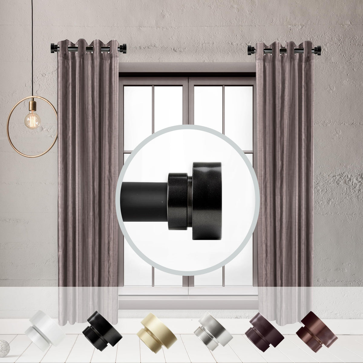 Rod Desyne black finial detail enhances decorative hardware style and transition.