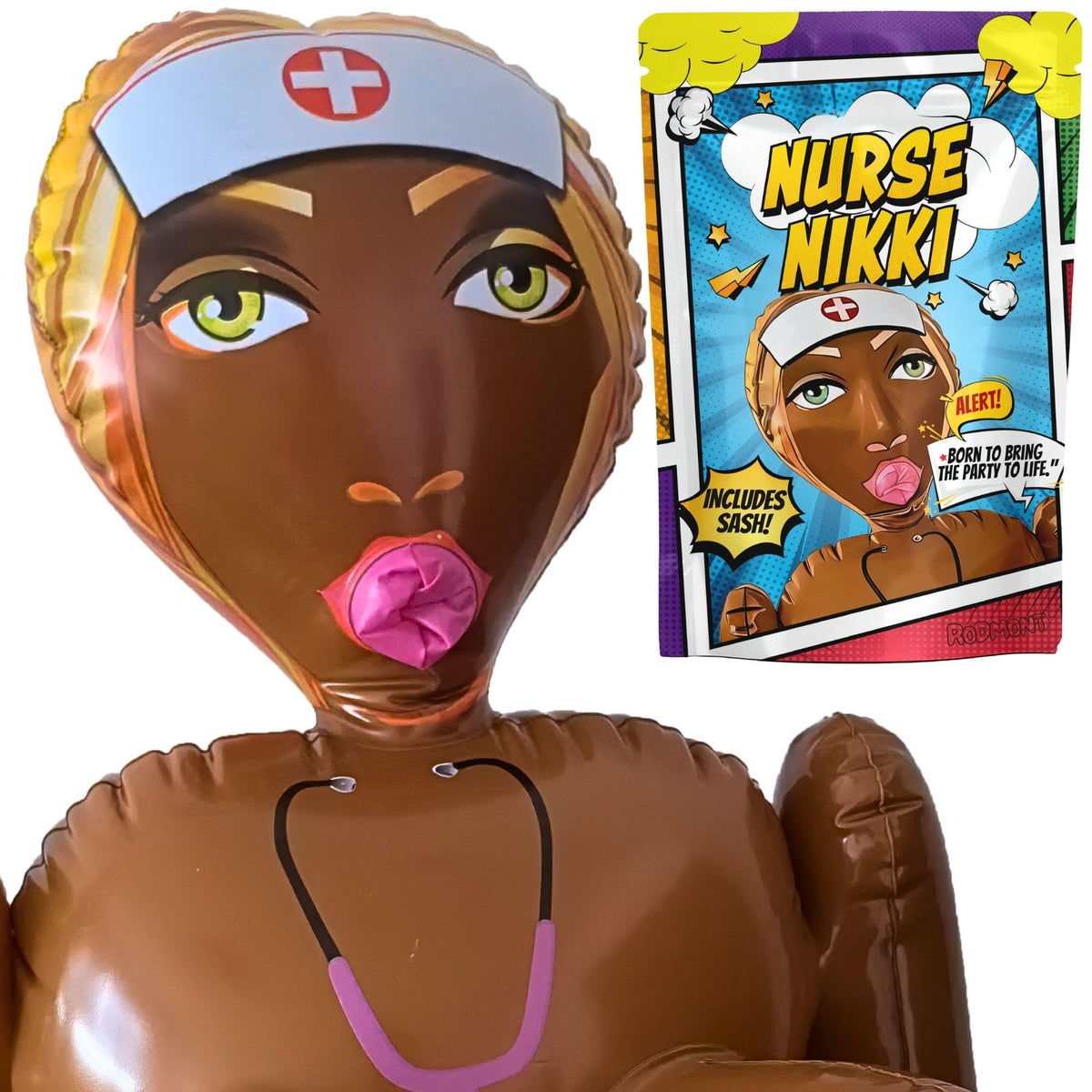 RODMONT inflatable life-size doll with sash for fun party entrances and photo areas.