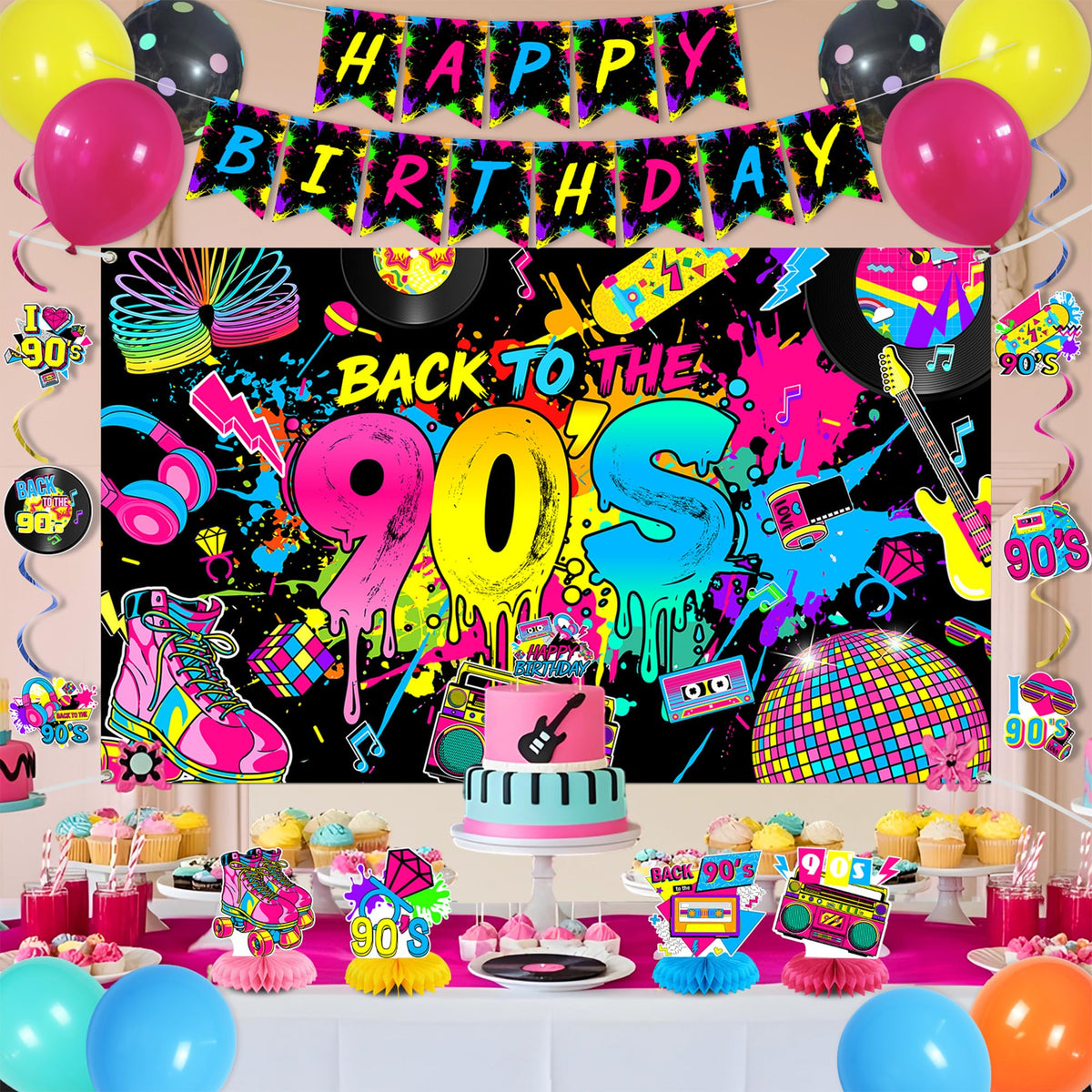 Roetyce 90s party decoration kit offers a complete, easy-to-assemble decor solution