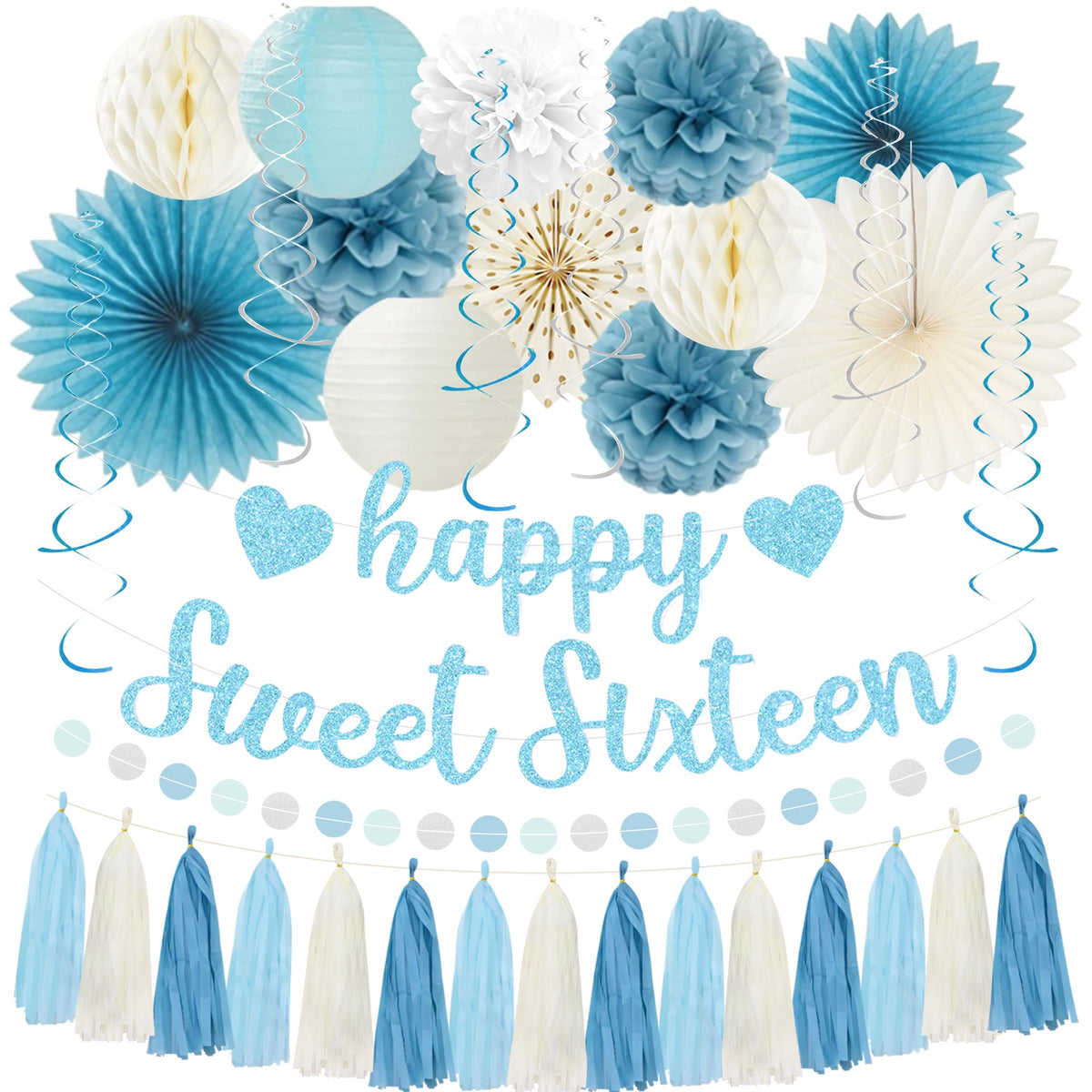 Roetyce blue glitter Sweet Sixteen banner brightens photos as a focal centerpiece
