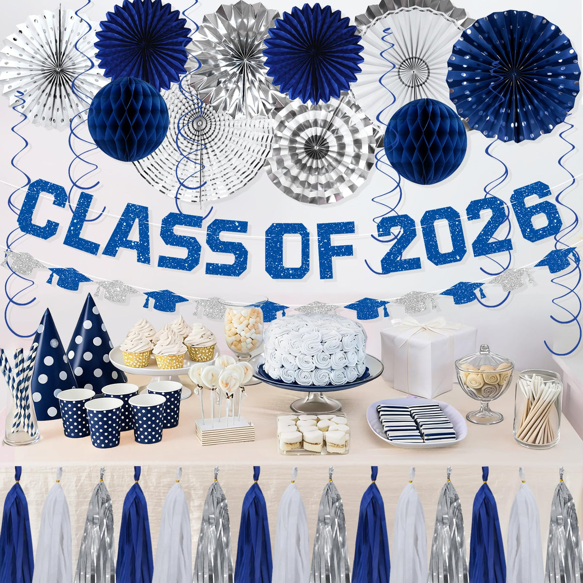 Roetyce blue honeycomb balls create playful dimension for party spaces.