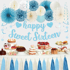 Roetyce blue paper fans bring texture and color to living room celebrations