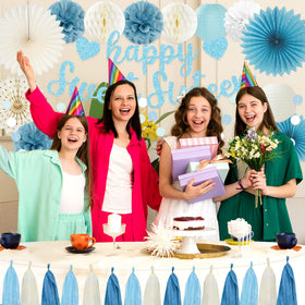 Roetyce blue pom-poms add playful volume to party corners