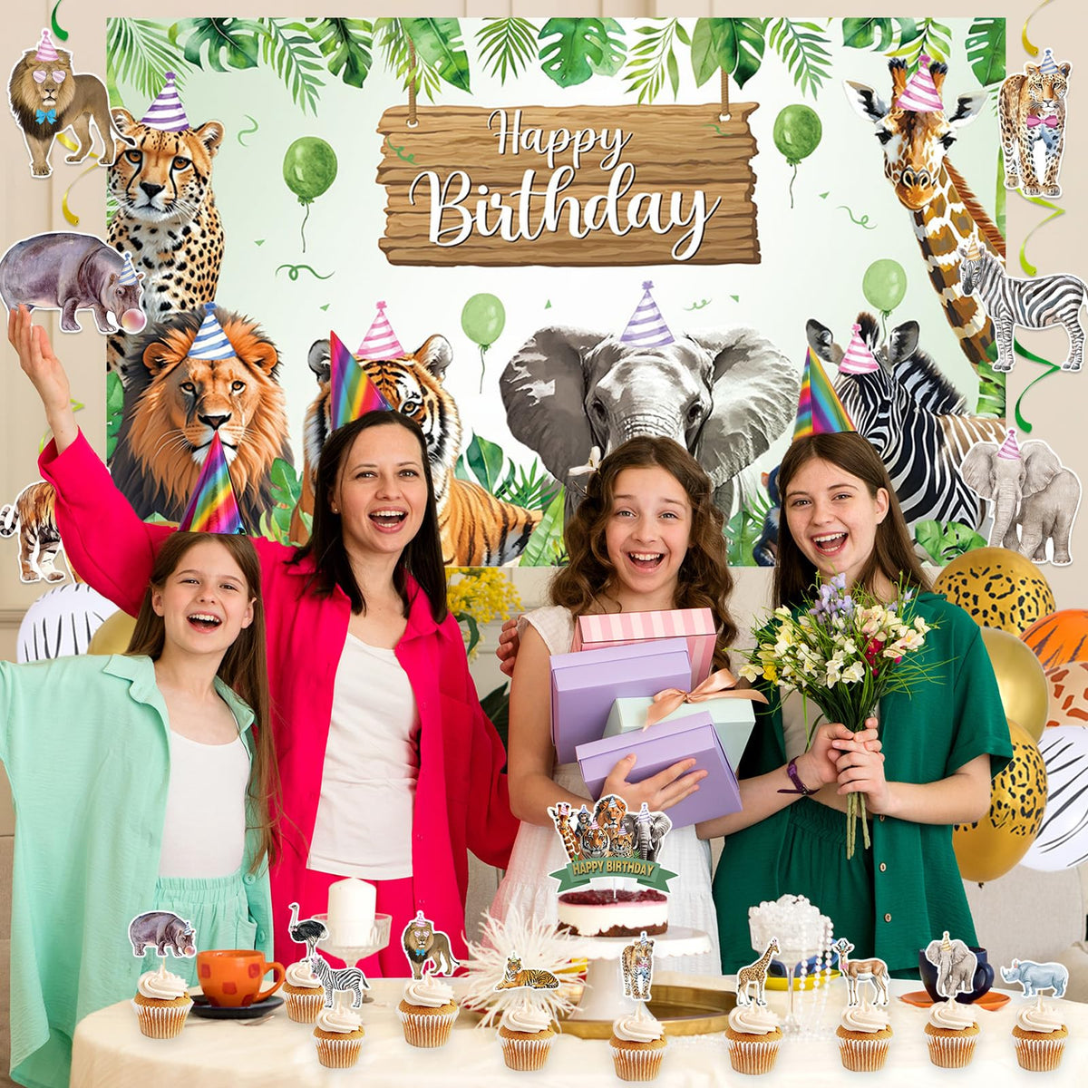 Roetyce safari cake topper completes the themed centerpiece.