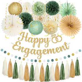Roetyce engagement banner in gold glitter creates a festive photo backdrop.
